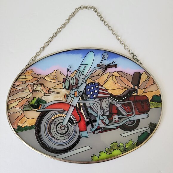 AMIA Studios Motorcycle Hand-Painted Glass Sun Catcher Harley Davidson EUC - Picture 1 of 5
